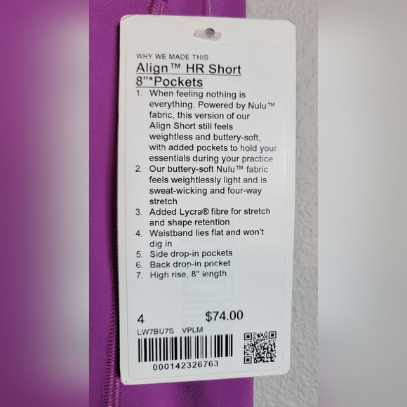 ​Lululemon NWT Align High Rise Short 8" Vivid Plum Size 4 Nulu Yoga Biker - Picture 4 of 6